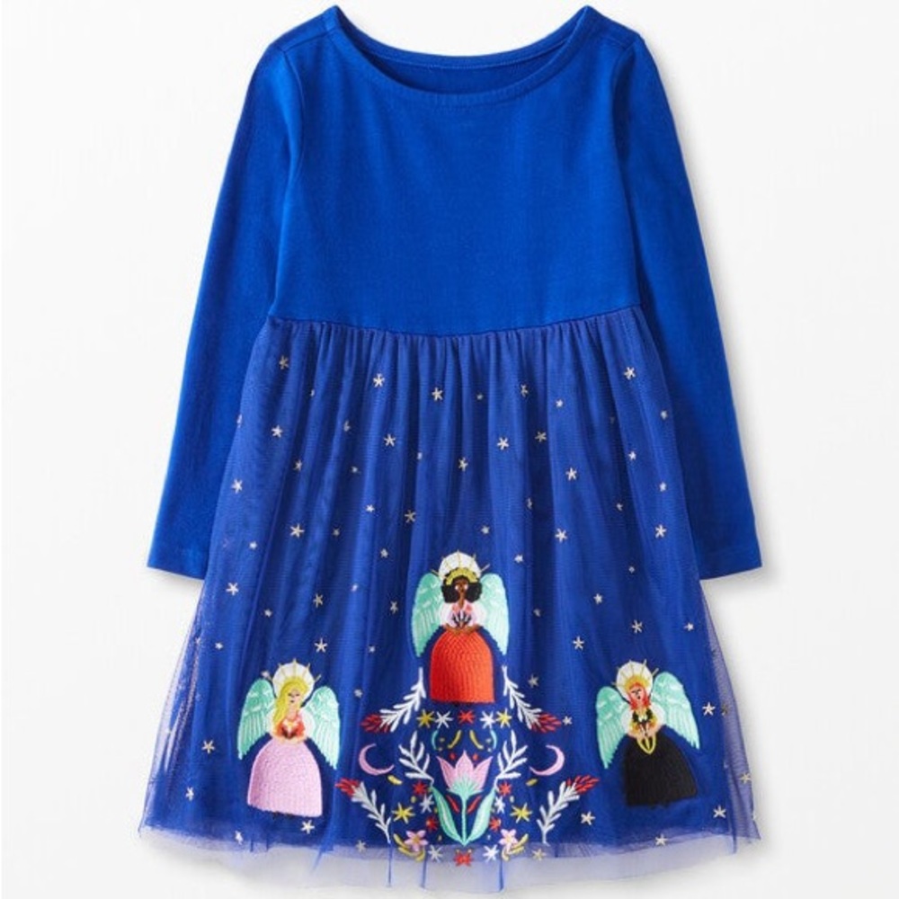 Hanna Andersson Blue Long Sleeve Dress with Embroidered Angels